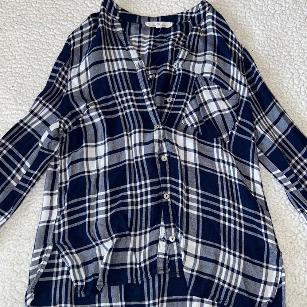 Navy Blue Plaid Blouse